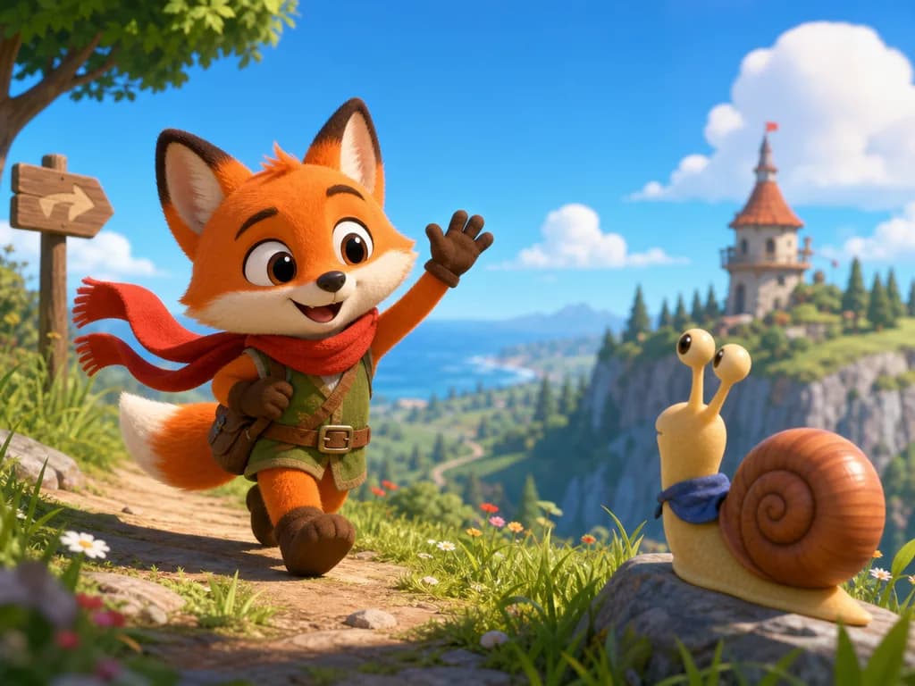 A bright 3D cartoon still of a small fox with a red scarf waving at a snail friend on a sunny hill