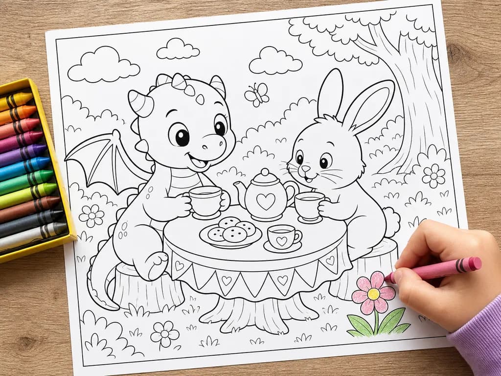 A black-and-white dragon tea-party coloring page beside crayons, one corner being colored by a child's hand