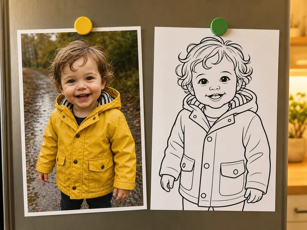 A toddler's photo on a fridge next to the same toddler as a clean black-and-white coloring page