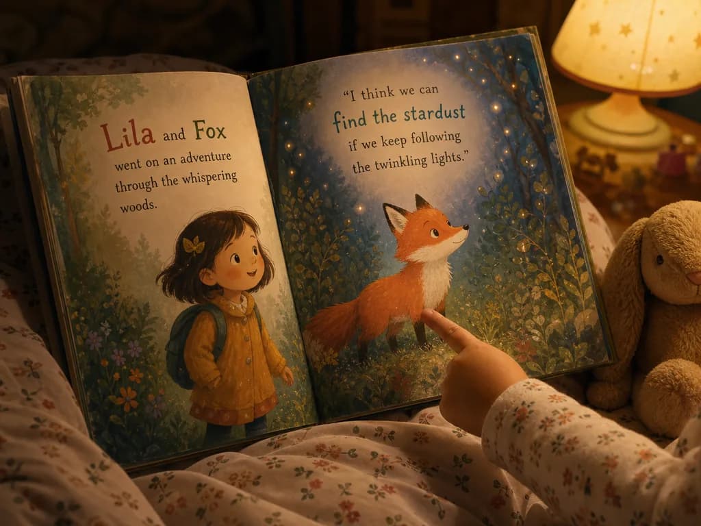 An open picture book at bedtime showing a girl and a fox in warm gouache, a small hand pointing at the hero