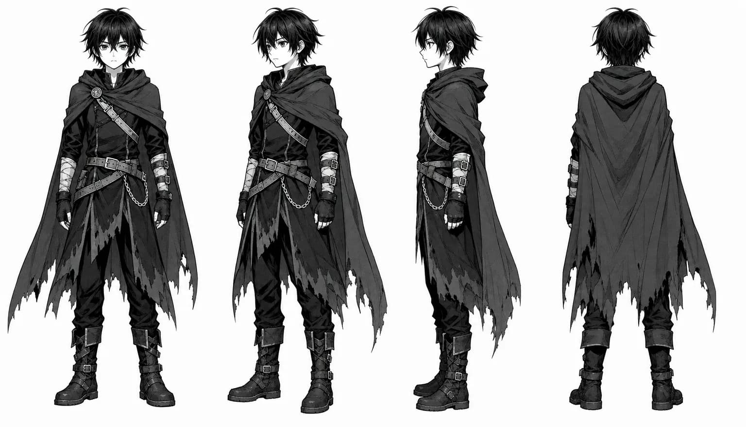A black-and-white manga model sheet showing one character from front, three-quarter, profile and back