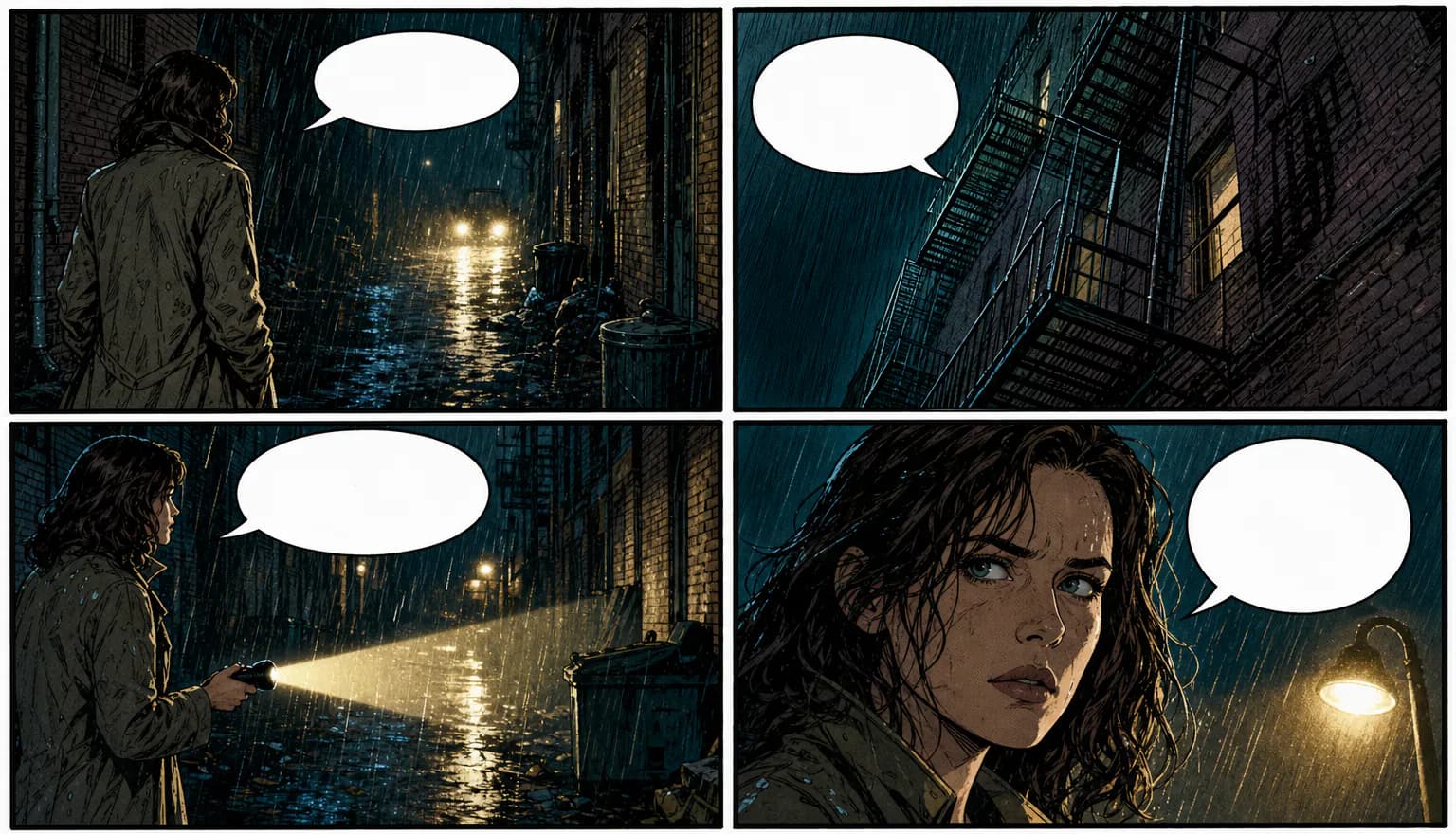A four-panel colour comic page of a detective searching a rain-soaked alley at night