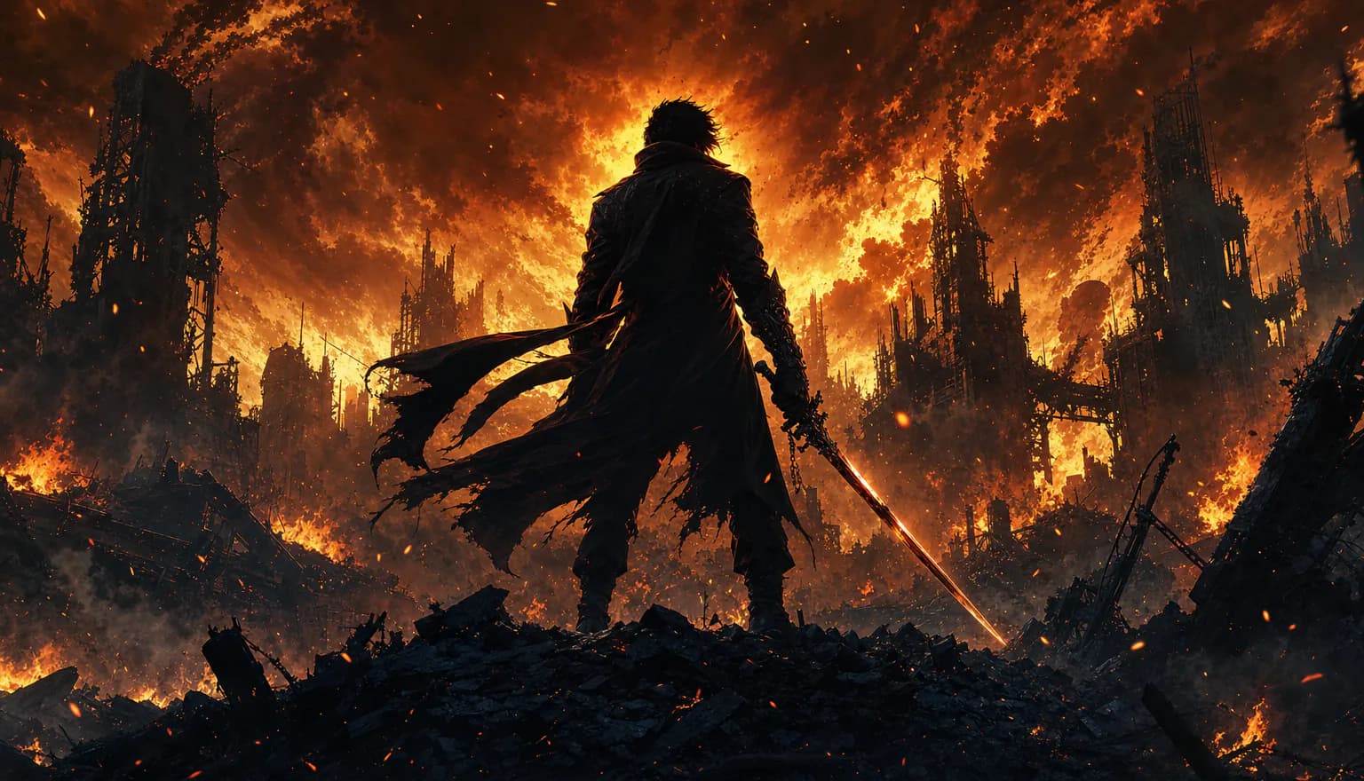 A painted comic cover of a lone swordsman silhouetted against a burning orange sky over a ruined city