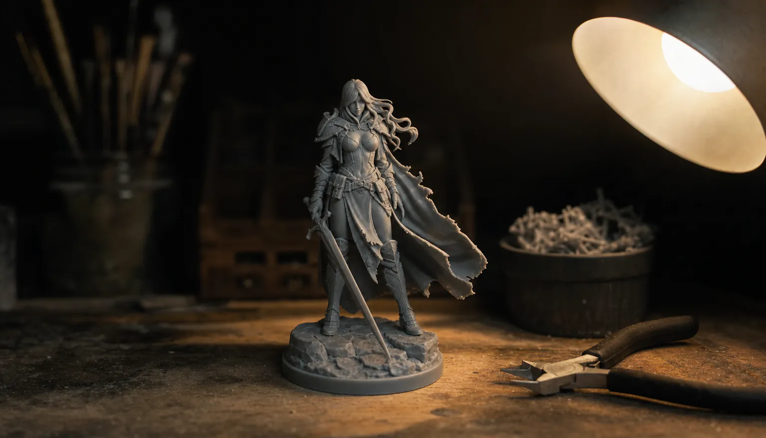 An unpainted grey resin figurine on a workbench beside flush cutters under a warm task lamp