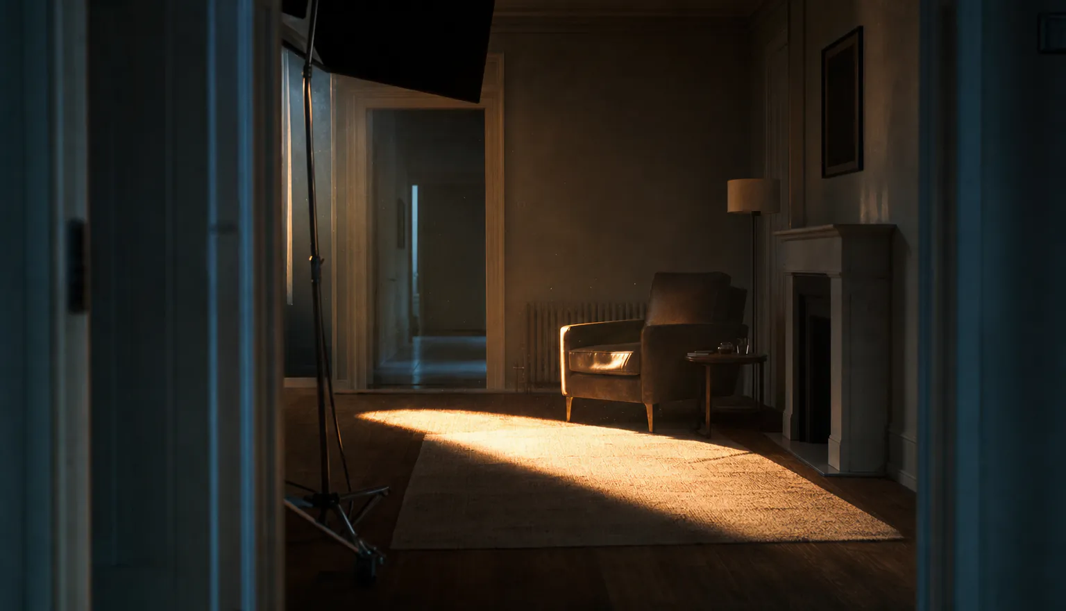 An empty apartment standing set at golden hour with a film lighting stand just inside frame