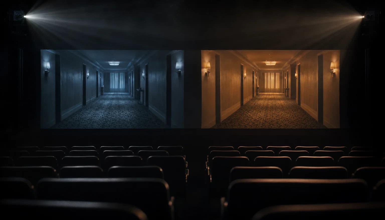 A dark screening room with two projections of the same empty corridor side by side, one graded cold blue and one warm amber