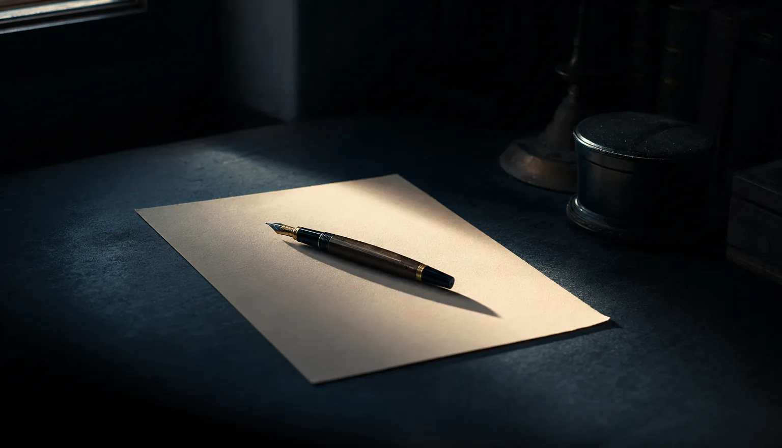 A blank sheet of cream paper and a fountain pen on a dark desk in one shaft of light