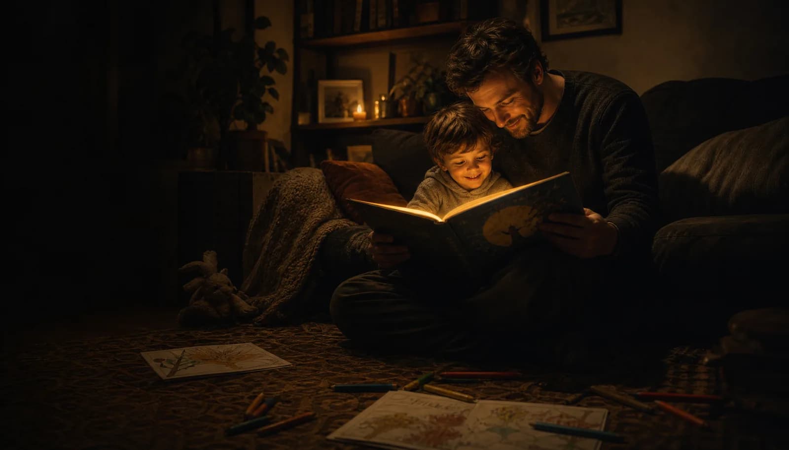 A parent and child reading a glowing picture book on a sofa at evening, coloring pages and crayons on the rug