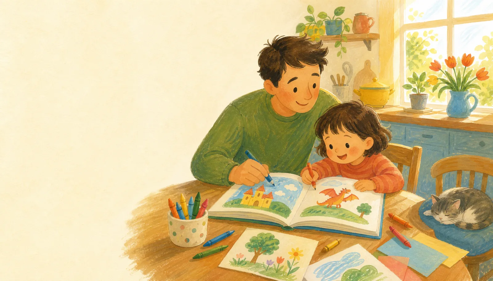 A parent and child at a sunny kitchen table making a picture book together, crayons and paper around them