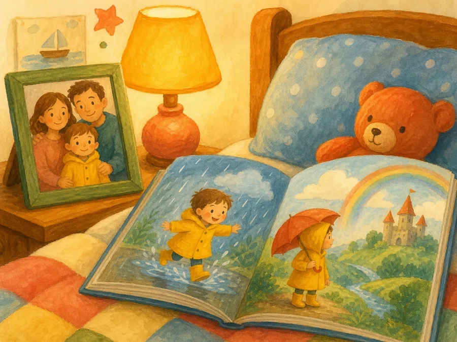 An open picture book on a bed, its hero matching the child in a photo frame beside it