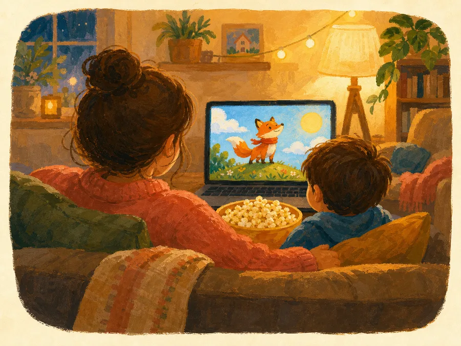 A parent and child on a sofa watching a bright cartoon about a fox on a laptop