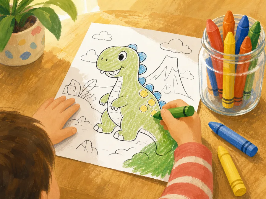 A child colouring a freshly printed dinosaur colouring page with fat crayons