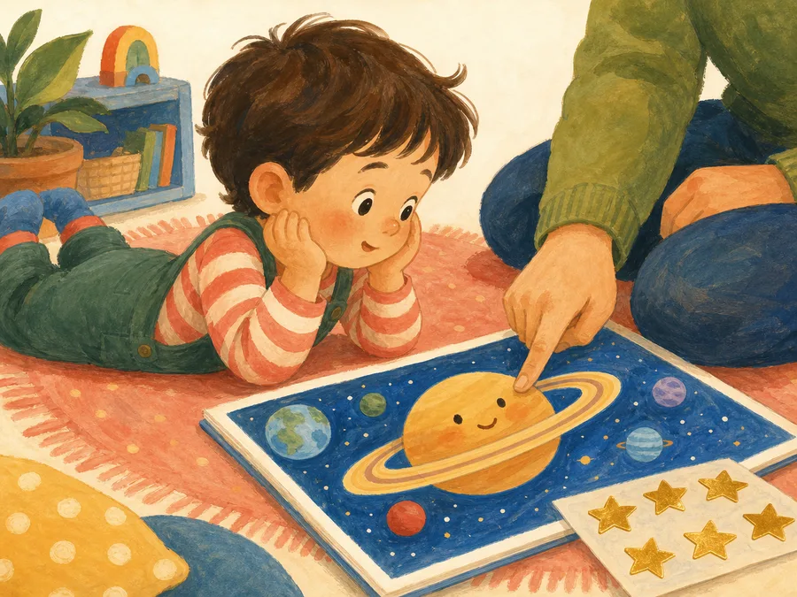 A child on a rug looking at a bright illustrated page about planets